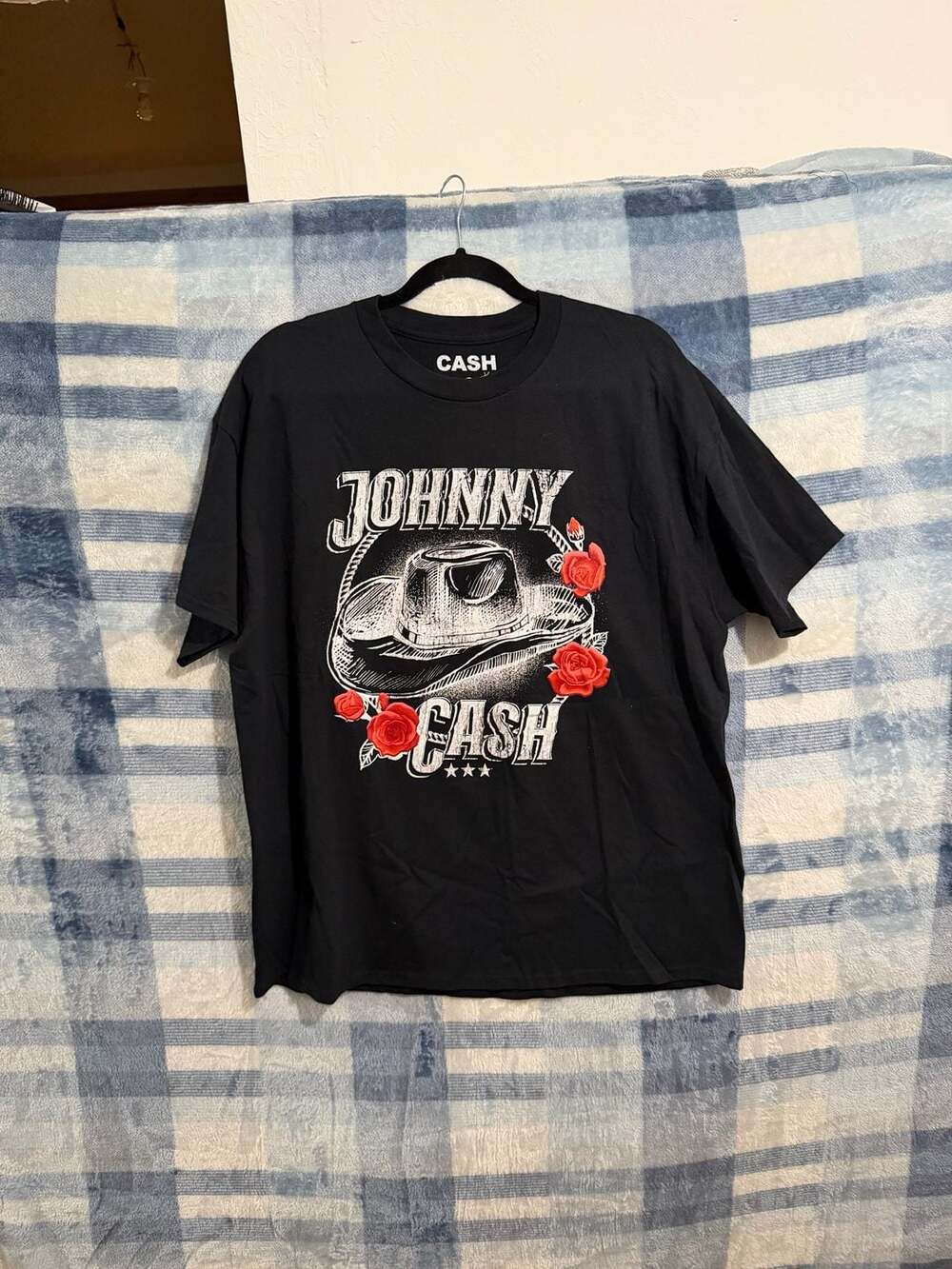 Johnny Cash Cowboy Hat and Roses Black Graphic T-Shirt